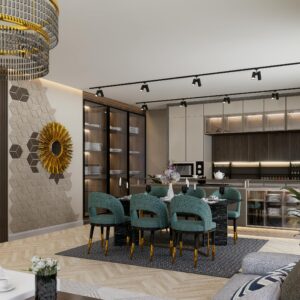 A modern dining area showcasing luxury design elements with green chairs and geometric wall decor.